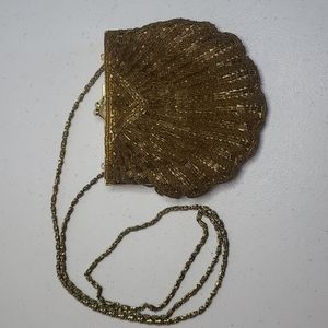 Gold Beaded Clamshell Evening Bag